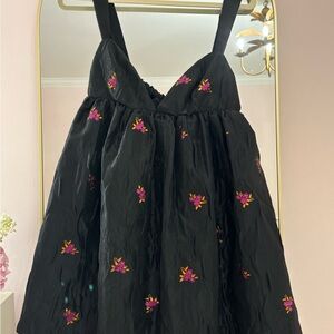 For Love And Lemons Black Dress with Pink and Yellow Embroidery